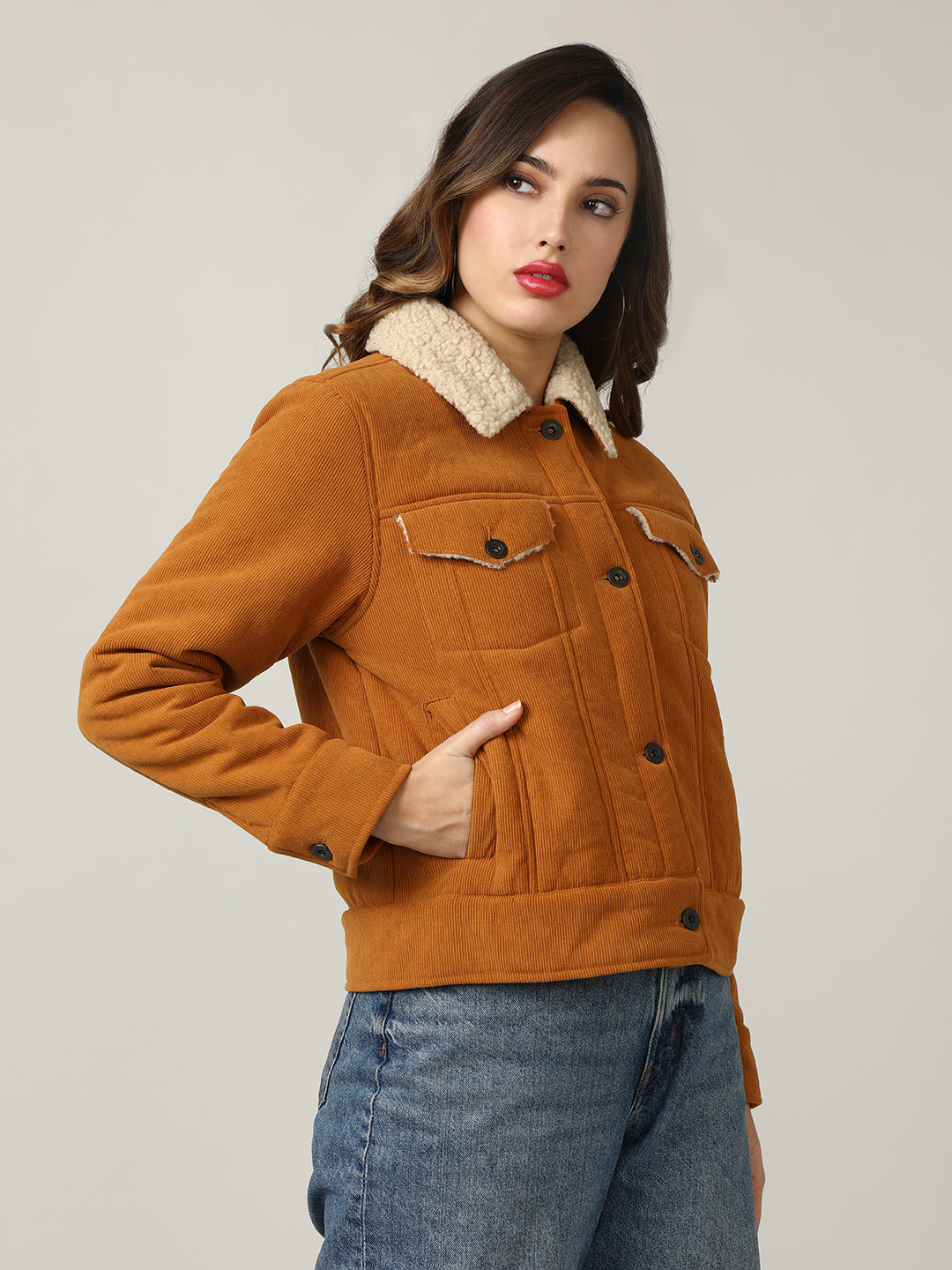 Cozy Mustard Corduroy Jacket with Shearling Collar