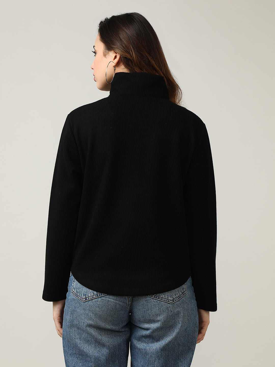 Ribbed Black Half-Zip Pullover Sweatshirt