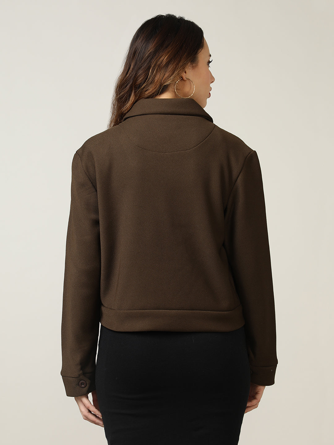 Women's Brown Button-Up Stretchable Knitted Shacket