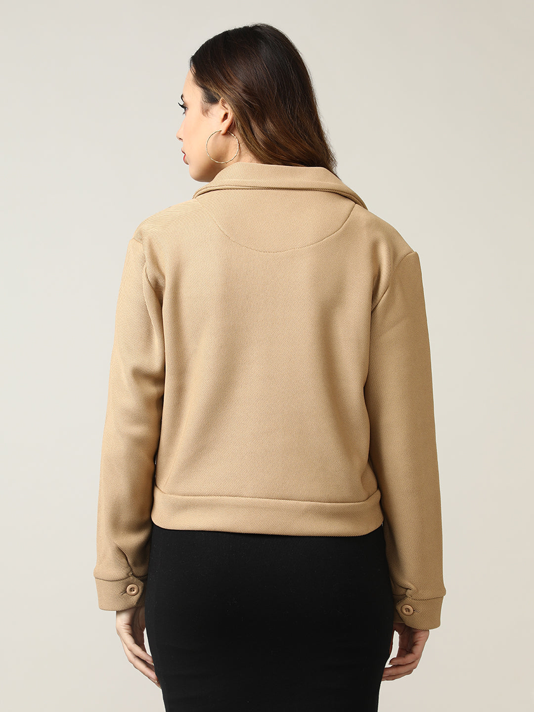 Women's Camel Button-Up Stretchable Knitted Shacket