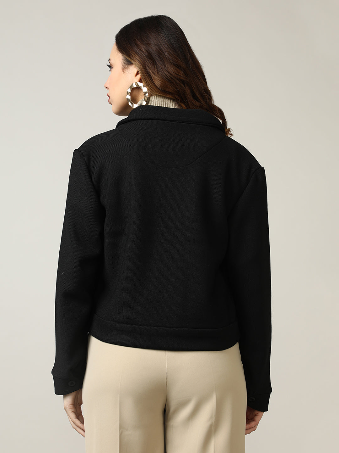 Women's Black Button-Up Stretchable Knitted Shacket