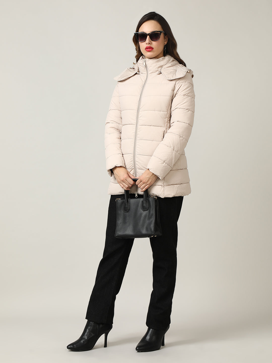 Women's Beige Padded Hooded Jacket