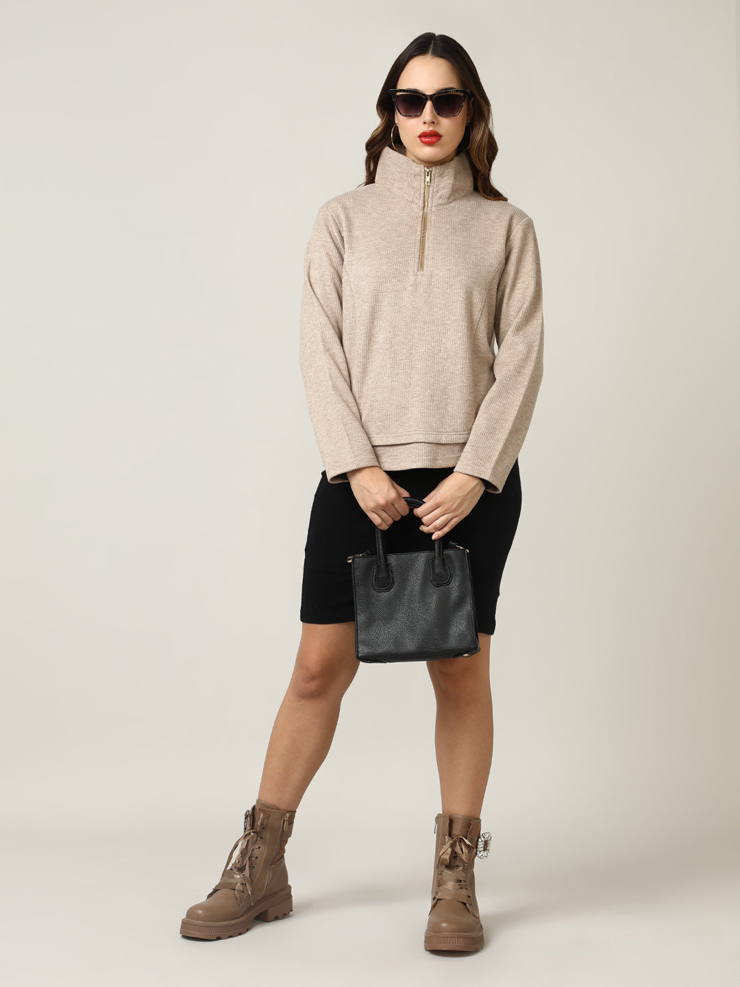 Ribbed Camel Half-Zip Pullover Sweatshirt