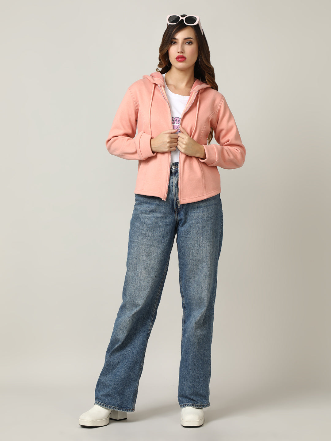 Women's Peach Full-Zip Fleece Hoodie Sweatshirt