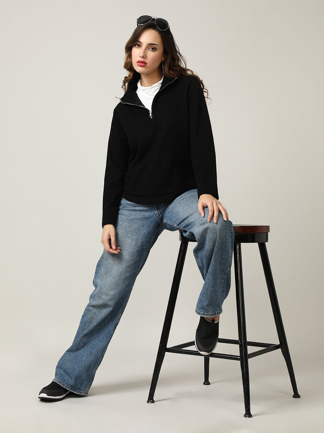 Ribbed Black Half-Zip Pullover Sweatshirt