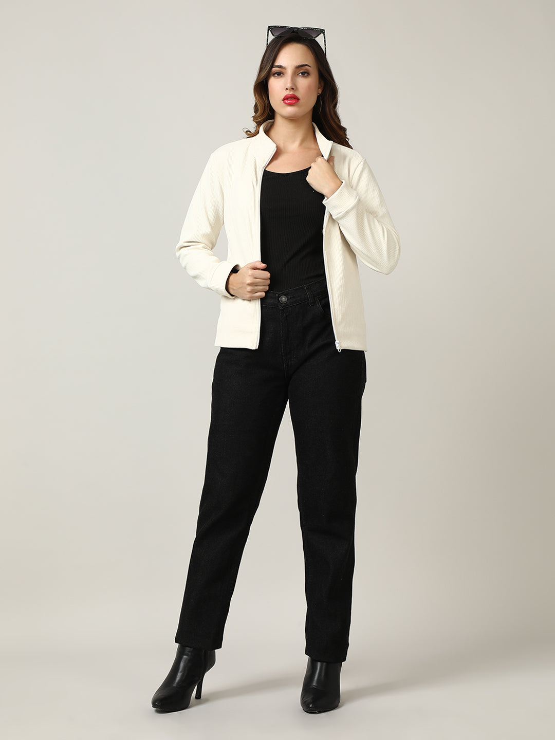 Classic Ecru Ribbed Full-Zip Jacket