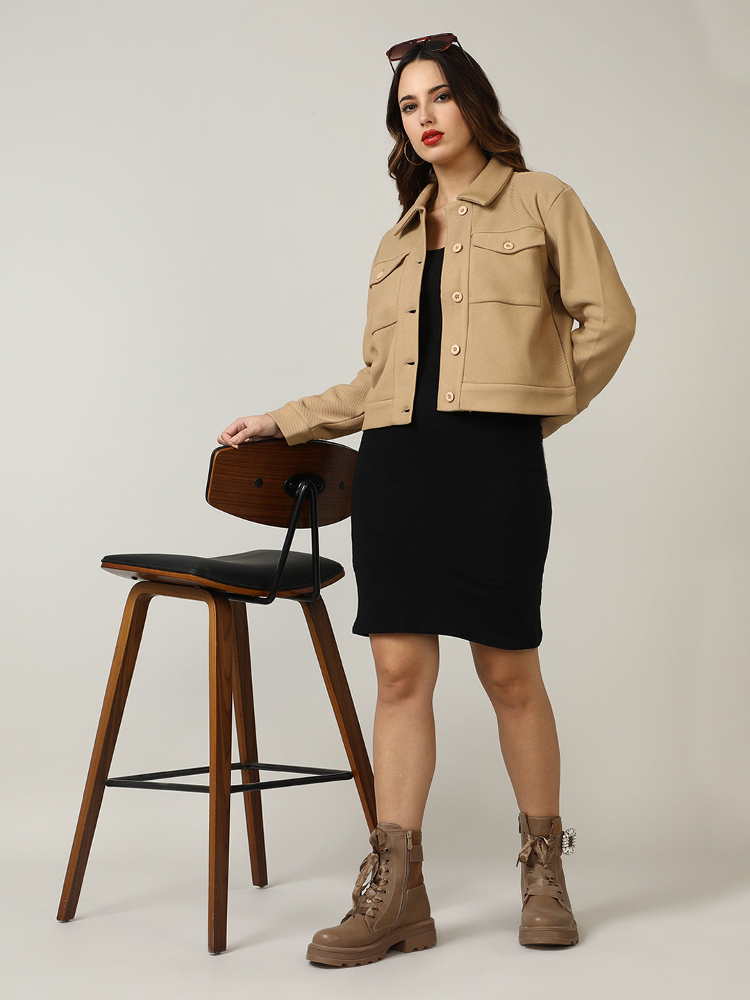 Women's Camel Button-Up Stretchable Knitted Shacket