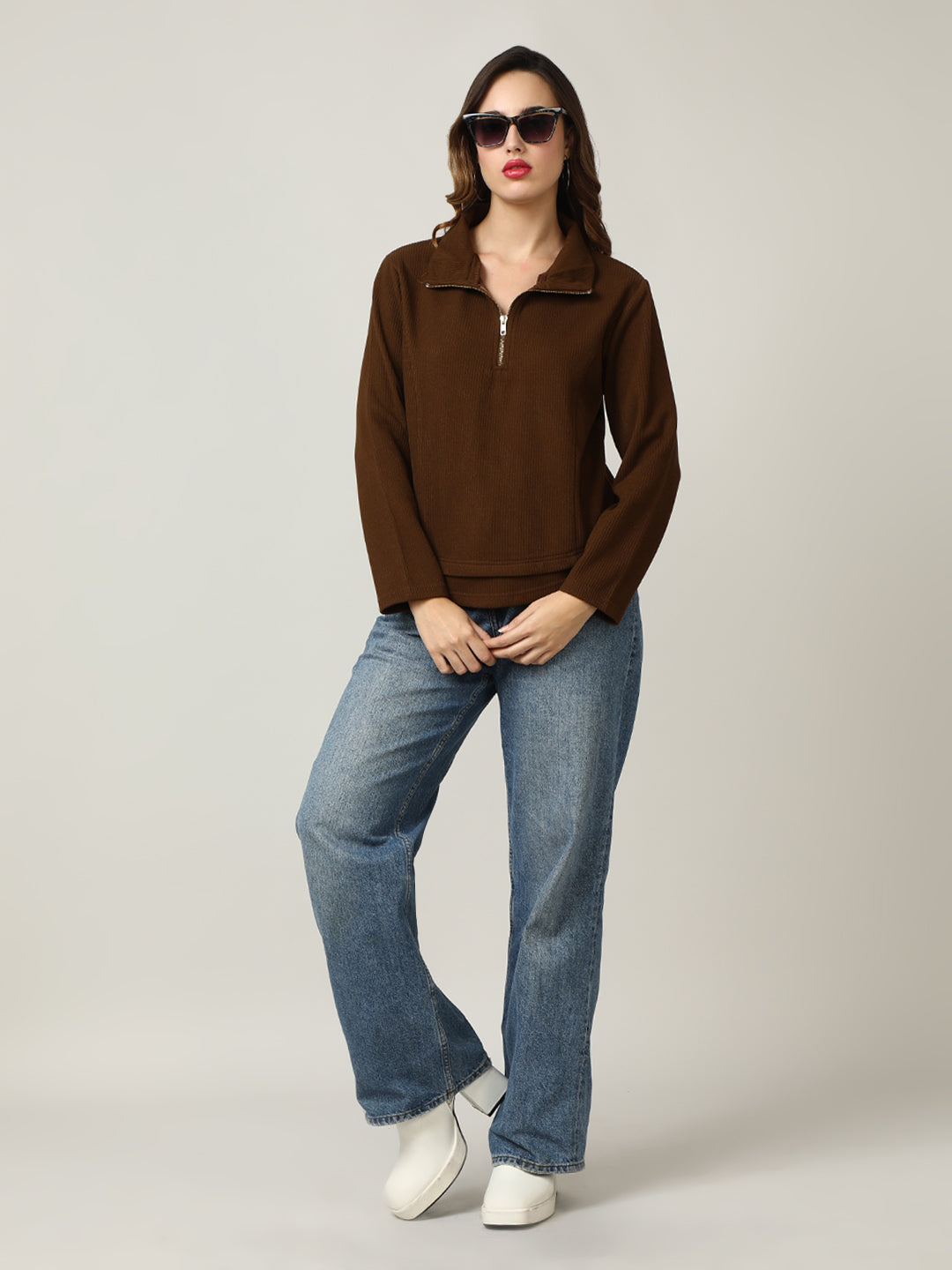 Ribbed Brown Half-Zip Pullover Sweatshirt