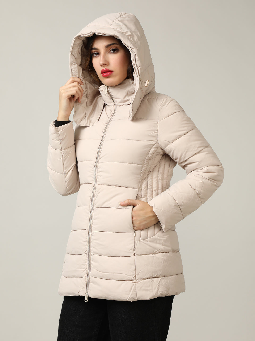 Women's Beige Padded Hooded Jacket