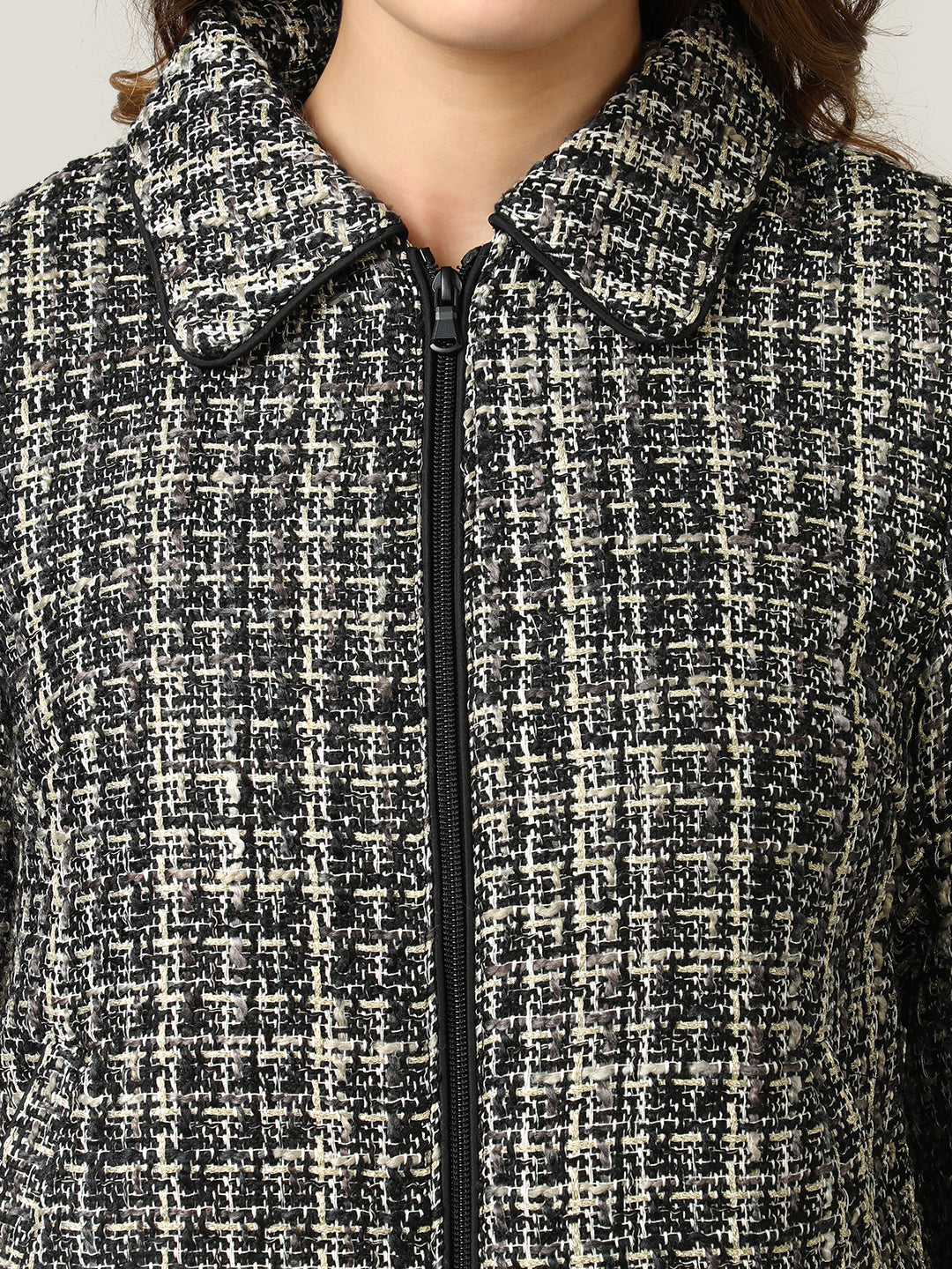Women's Black Classic Zip-Up Tweed Jacket