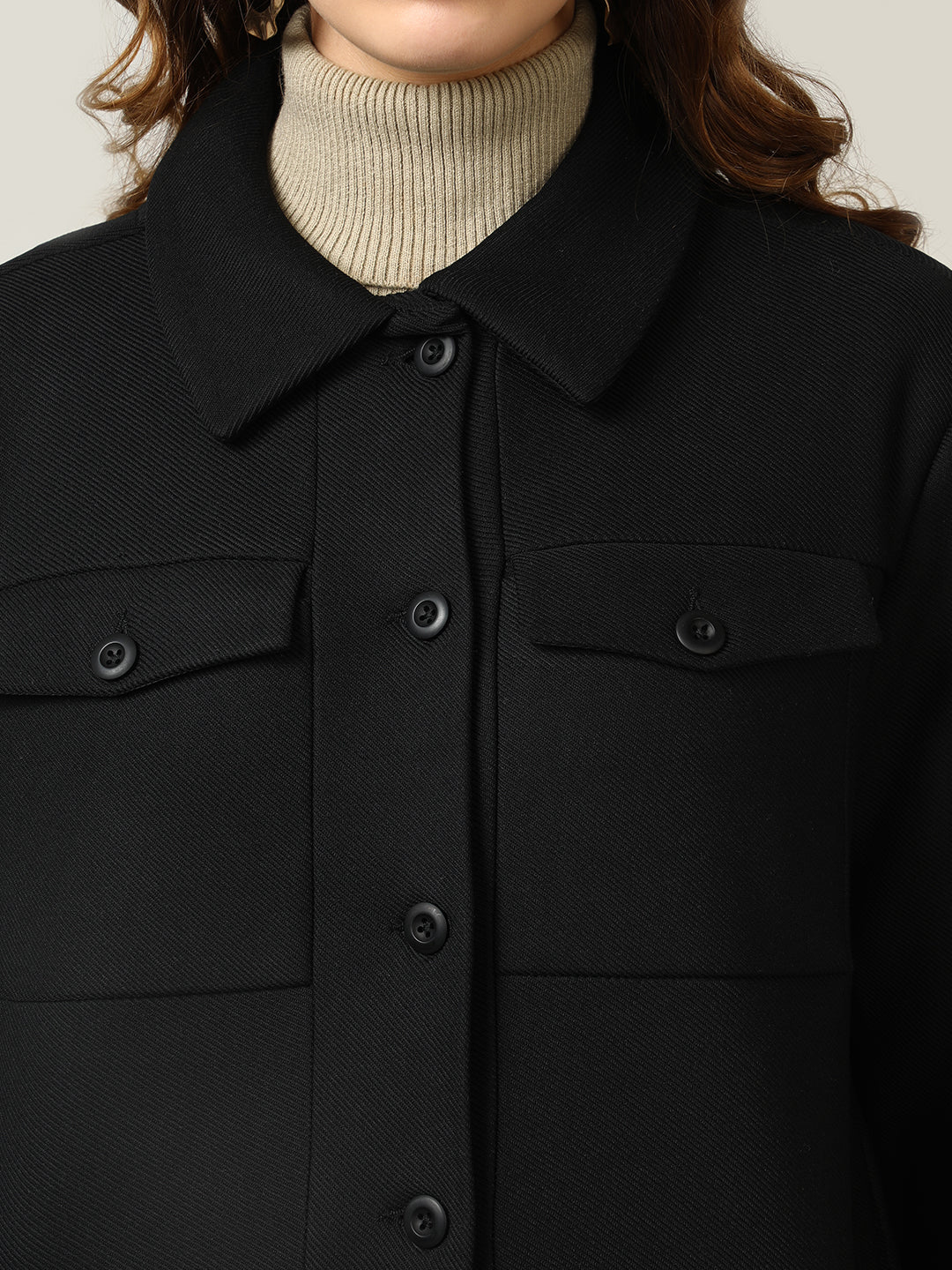 Women's Black Button-Up Stretchable Knitted Shacket