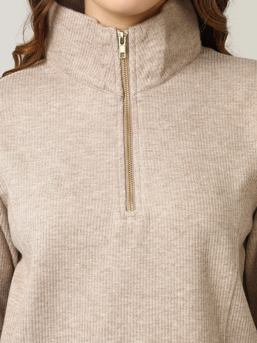 Ribbed Camel Half-Zip Pullover Sweatshirt
