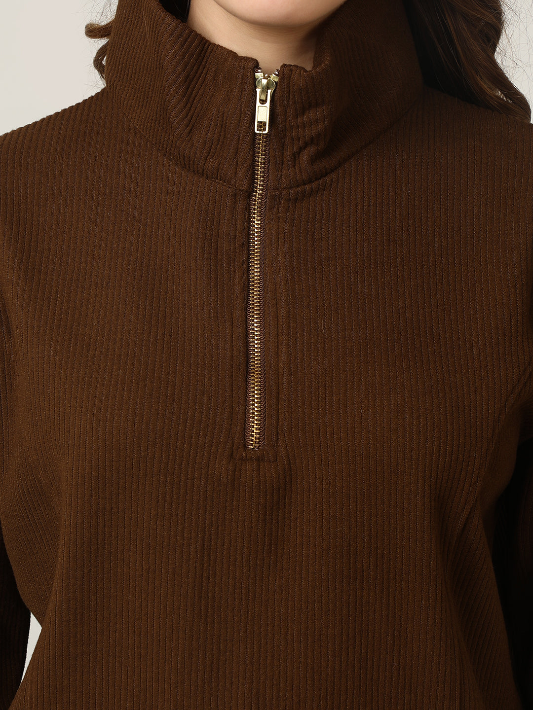 Ribbed Brown Half-Zip Pullover Sweatshirt