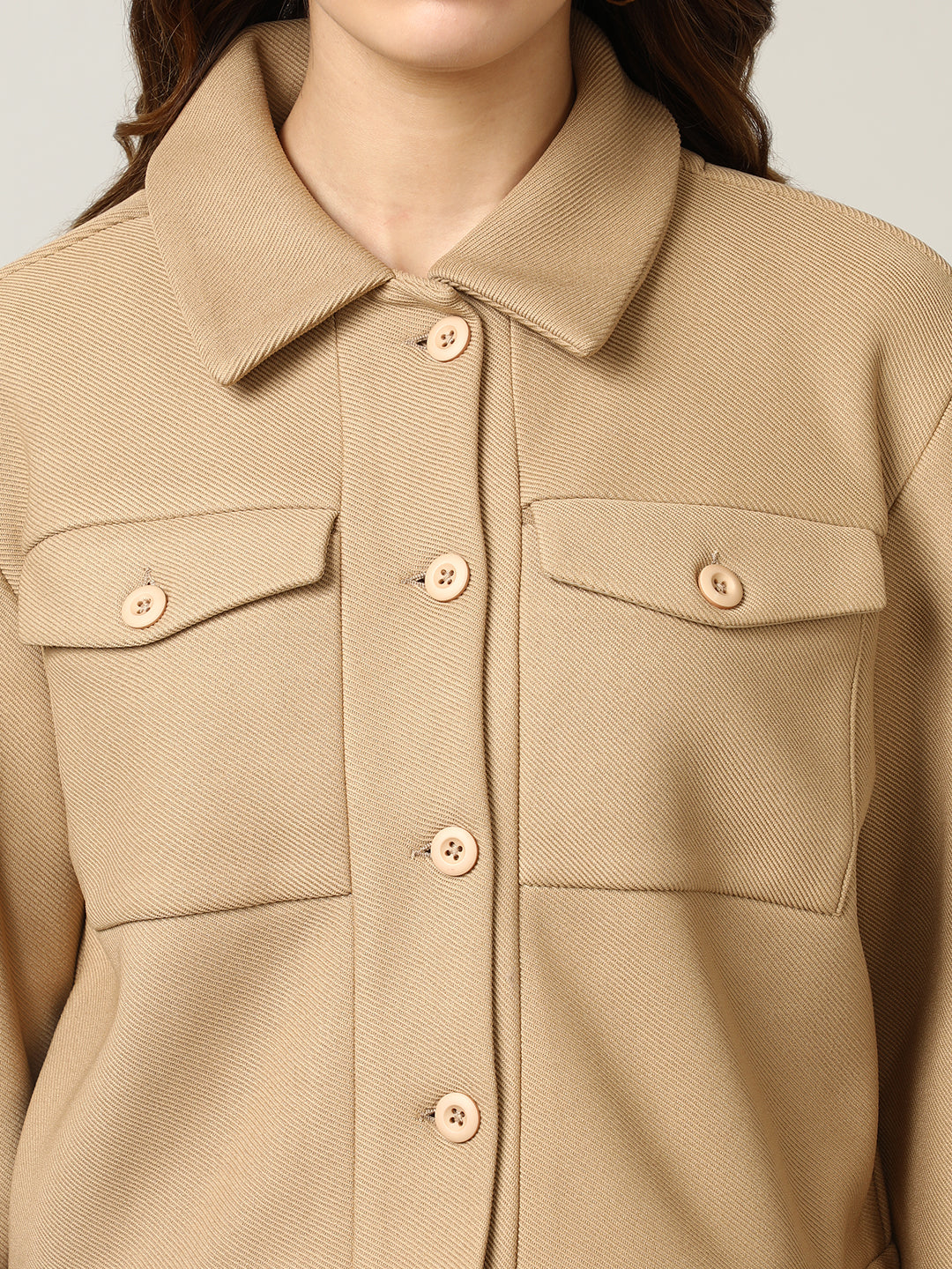 Women's Camel Button-Up Stretchable Knitted Shacket