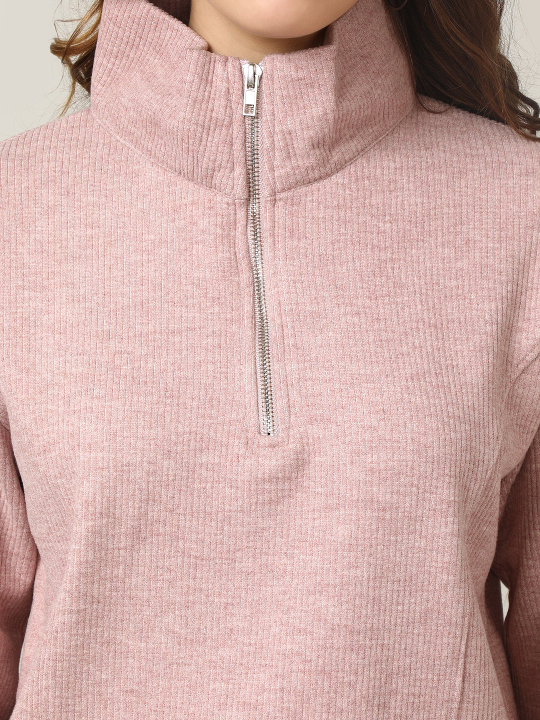 Ribbed Pink Half-Zip Pullover Sweatshirt