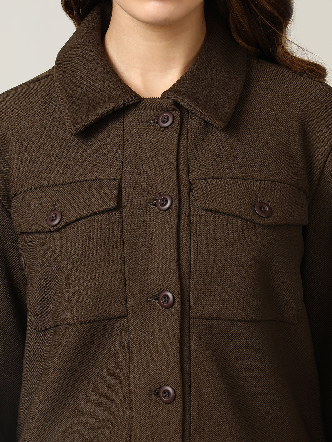 Women's Brown Button-Up Stretchable Knitted Shacket