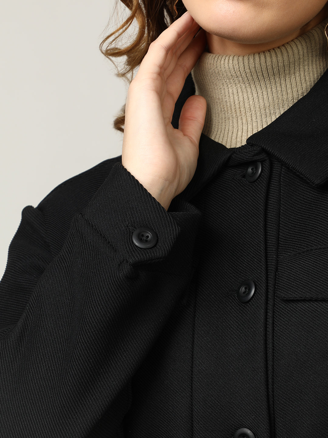 Women's Black Button-Up Stretchable Knitted Shacket