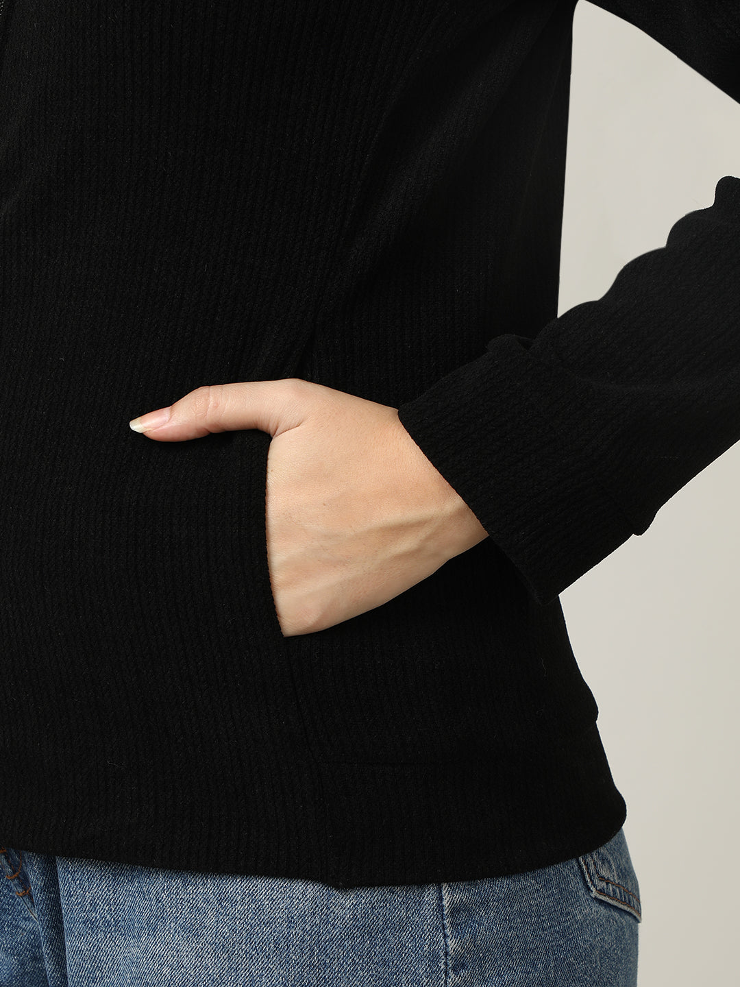 Classic Black Ribbed Full-Zip Jacket