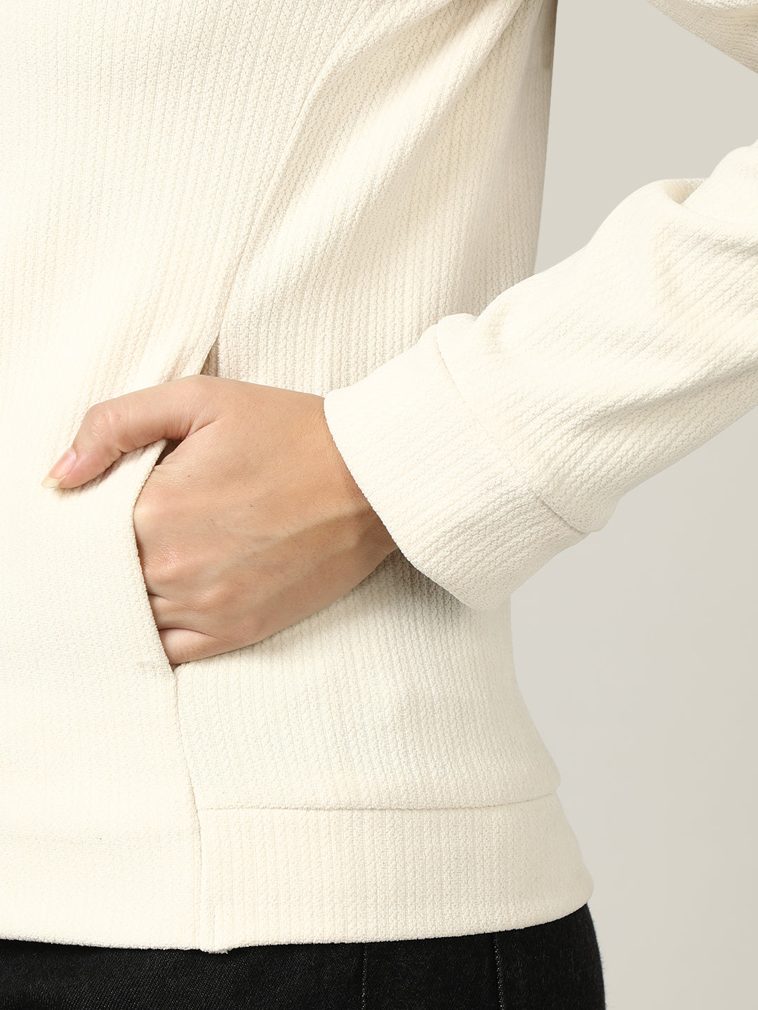 Classic Ecru Ribbed Full-Zip Jacket