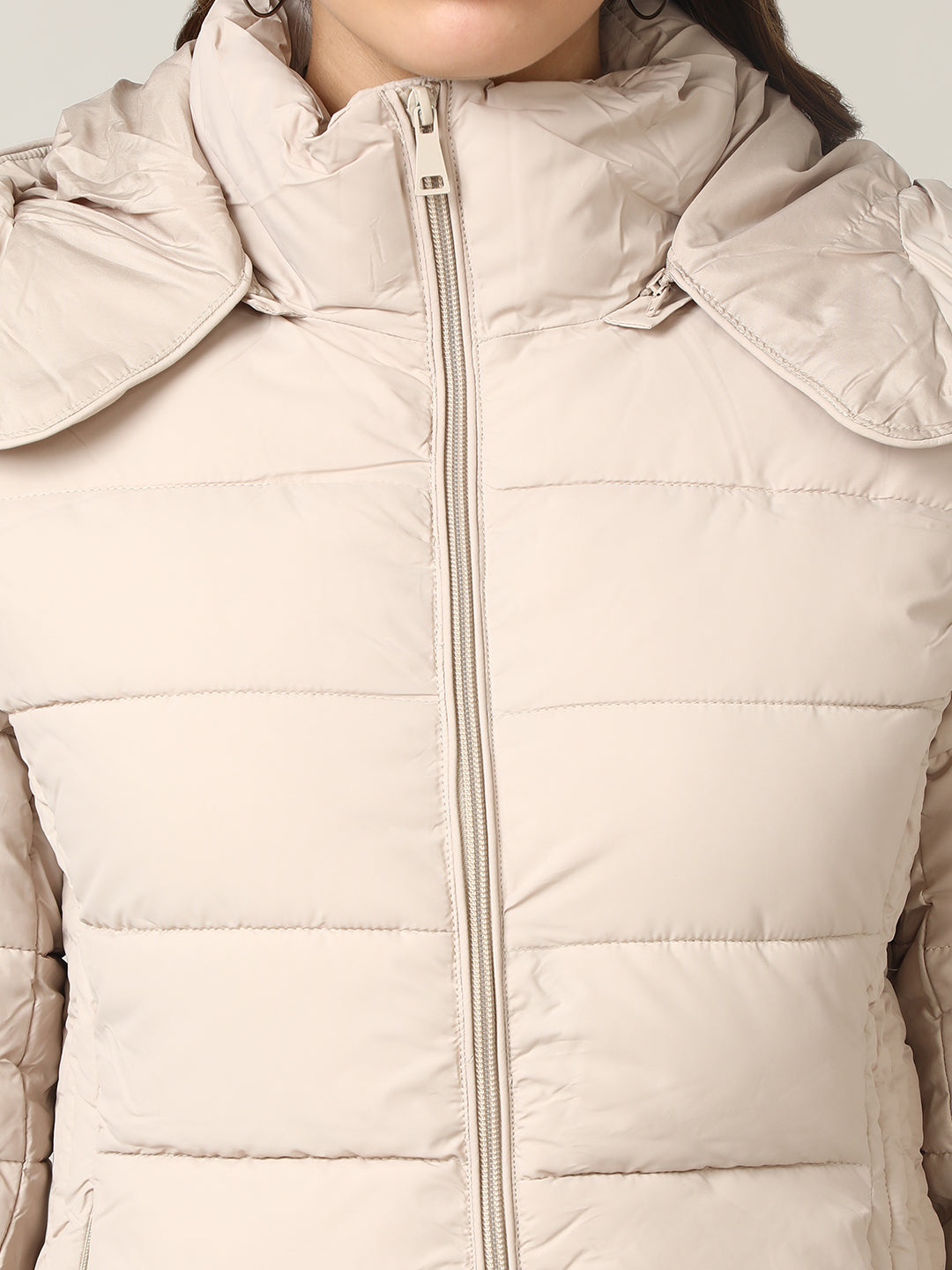 Women's Beige Padded Hooded Jacket