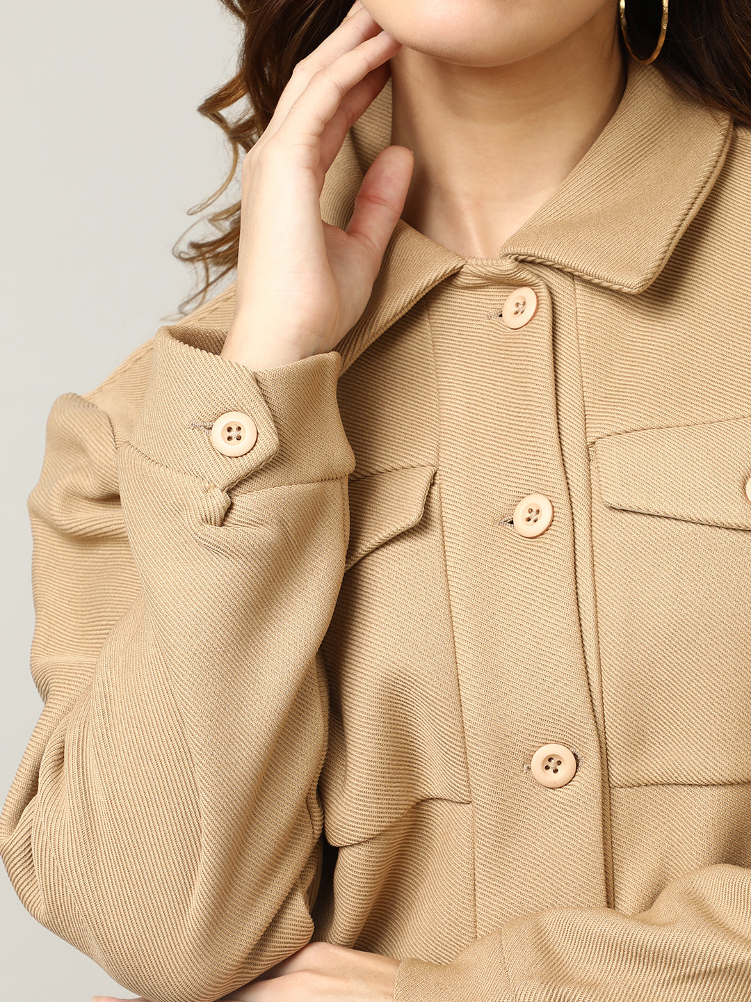Women's Camel Button-Up Stretchable Knitted Shacket