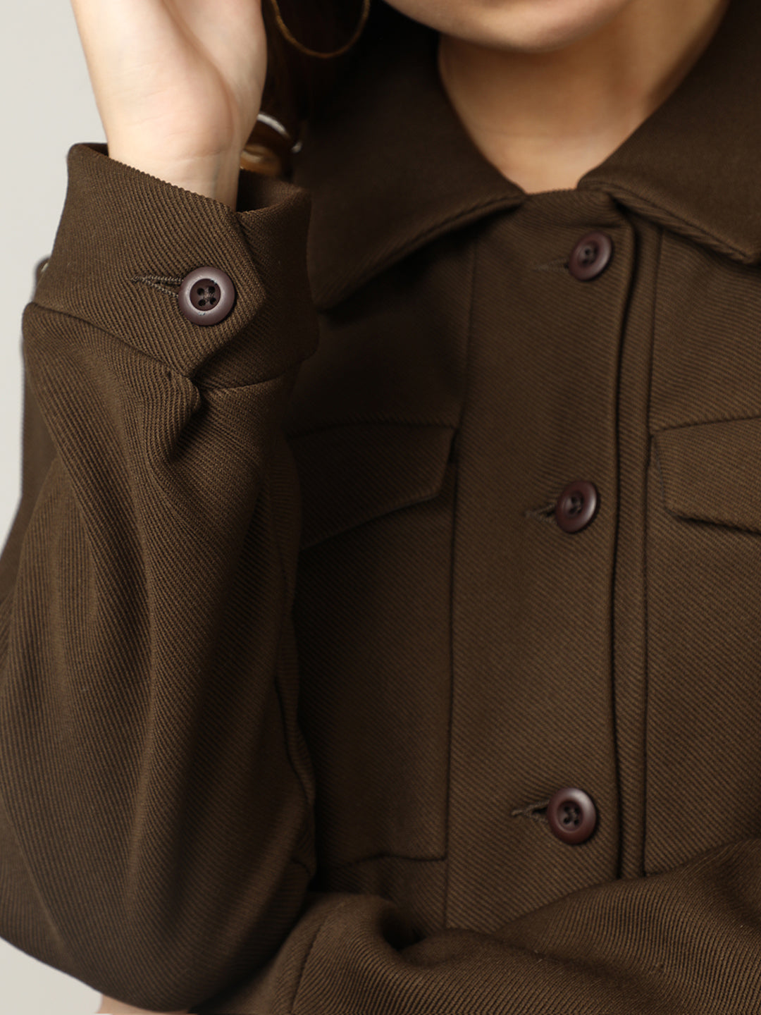 Women's Brown Button-Up Stretchable Knitted Shacket
