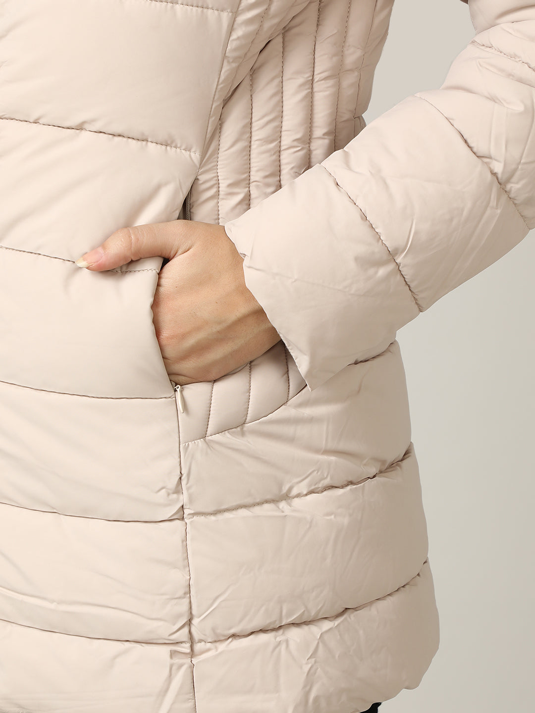 Women's Beige Padded Hooded Jacket