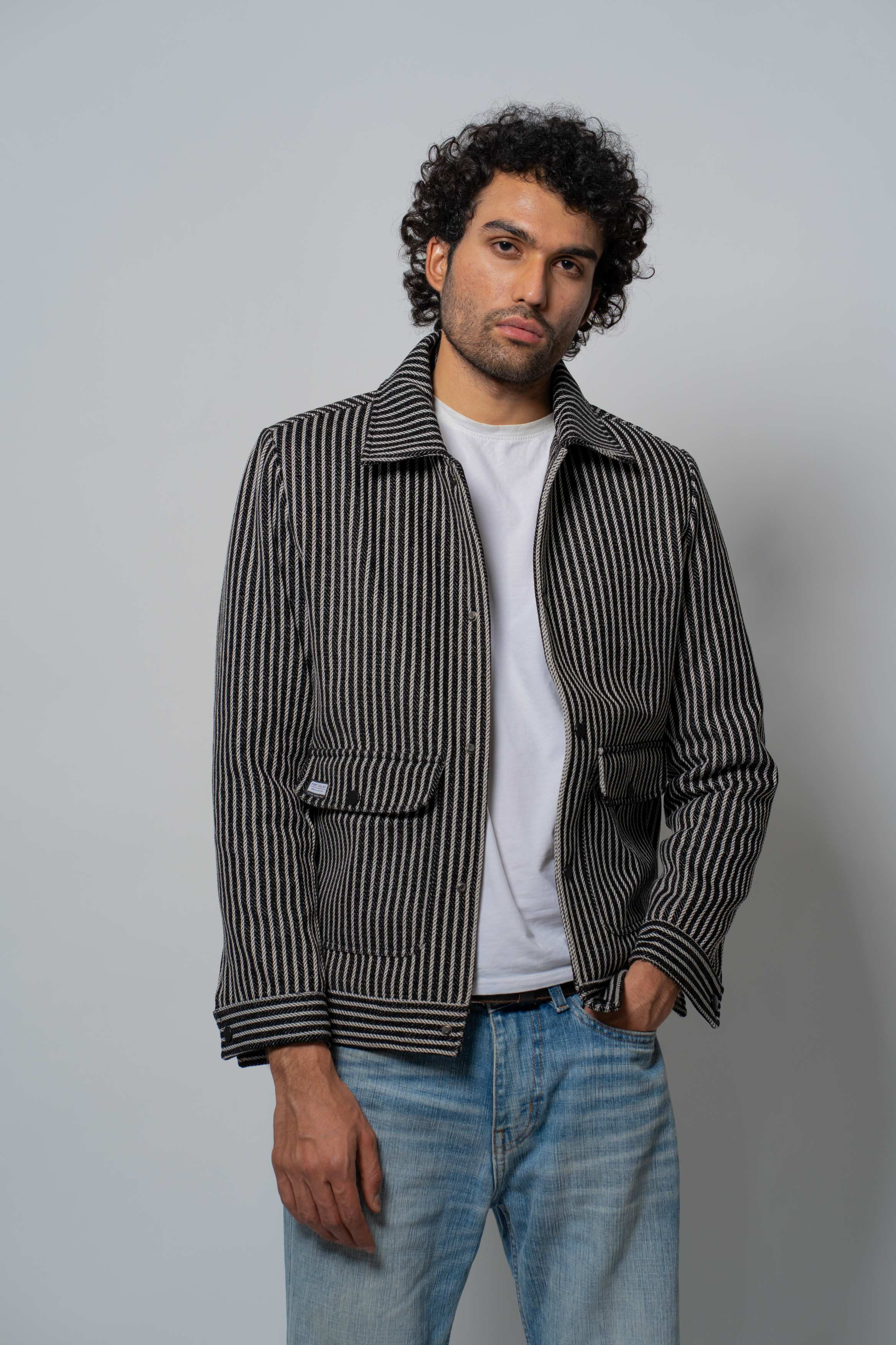 Men's Navy Striped Tweed Jacket with Dual Pockets