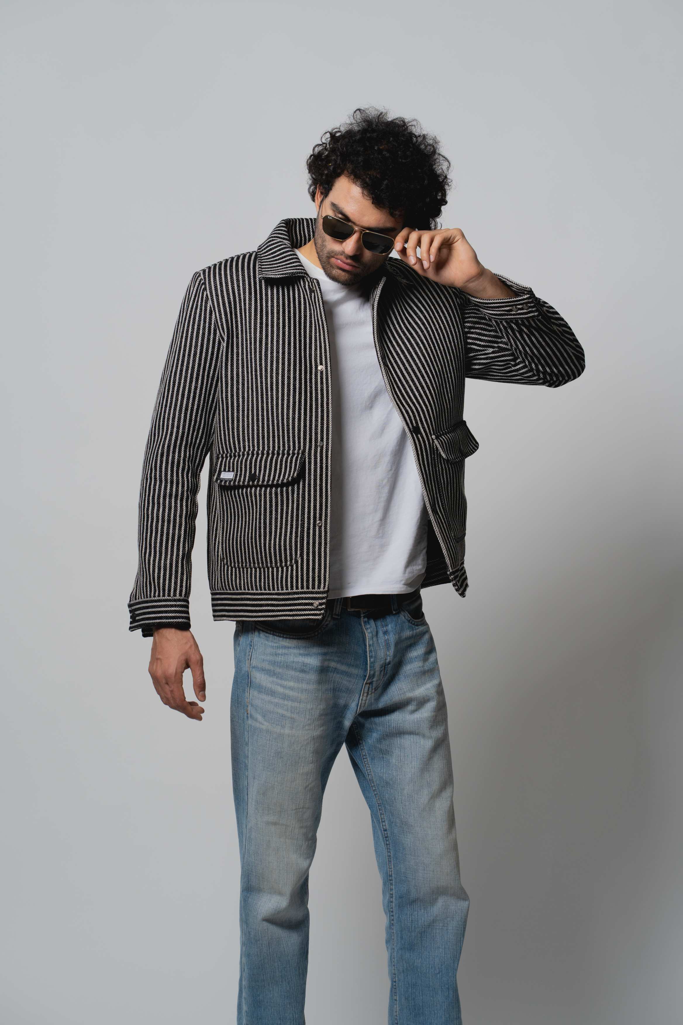 Men's Navy Striped Tweed Jacket with Dual Pockets