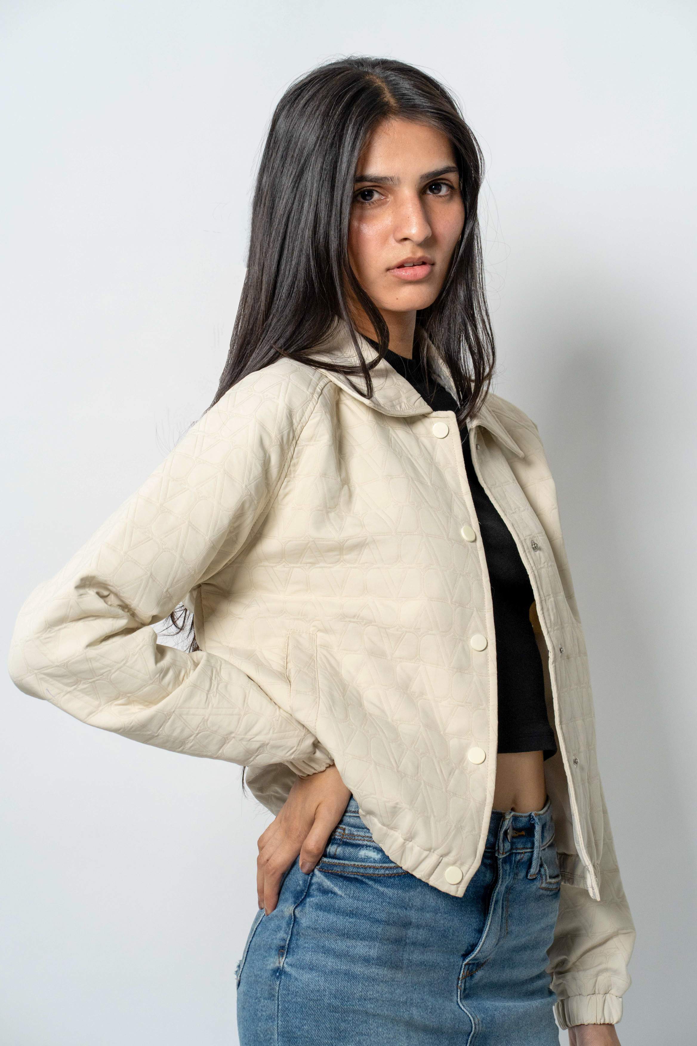 Women's Cream Short Length Quilted Jacket