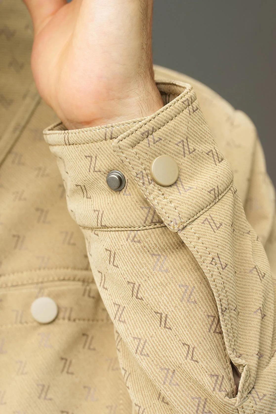 Men's Beige Embossed Pattern Shacket with Snap Button Closure