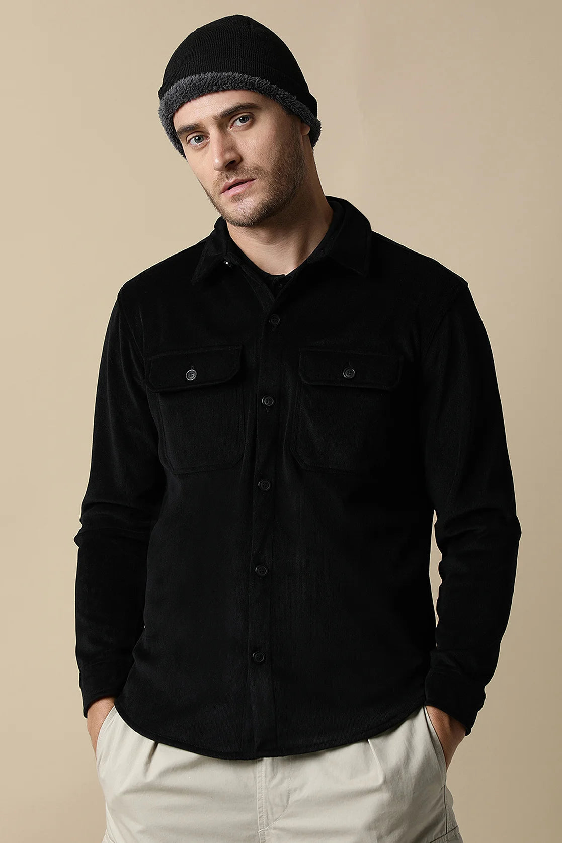 Upgrade your wardrobe with the Men's Black Corduroy Shacket from Fort Collins featuring dual chest pockets. Shop now online to stay on-trend with your fashion choices, no matter where you are in India.