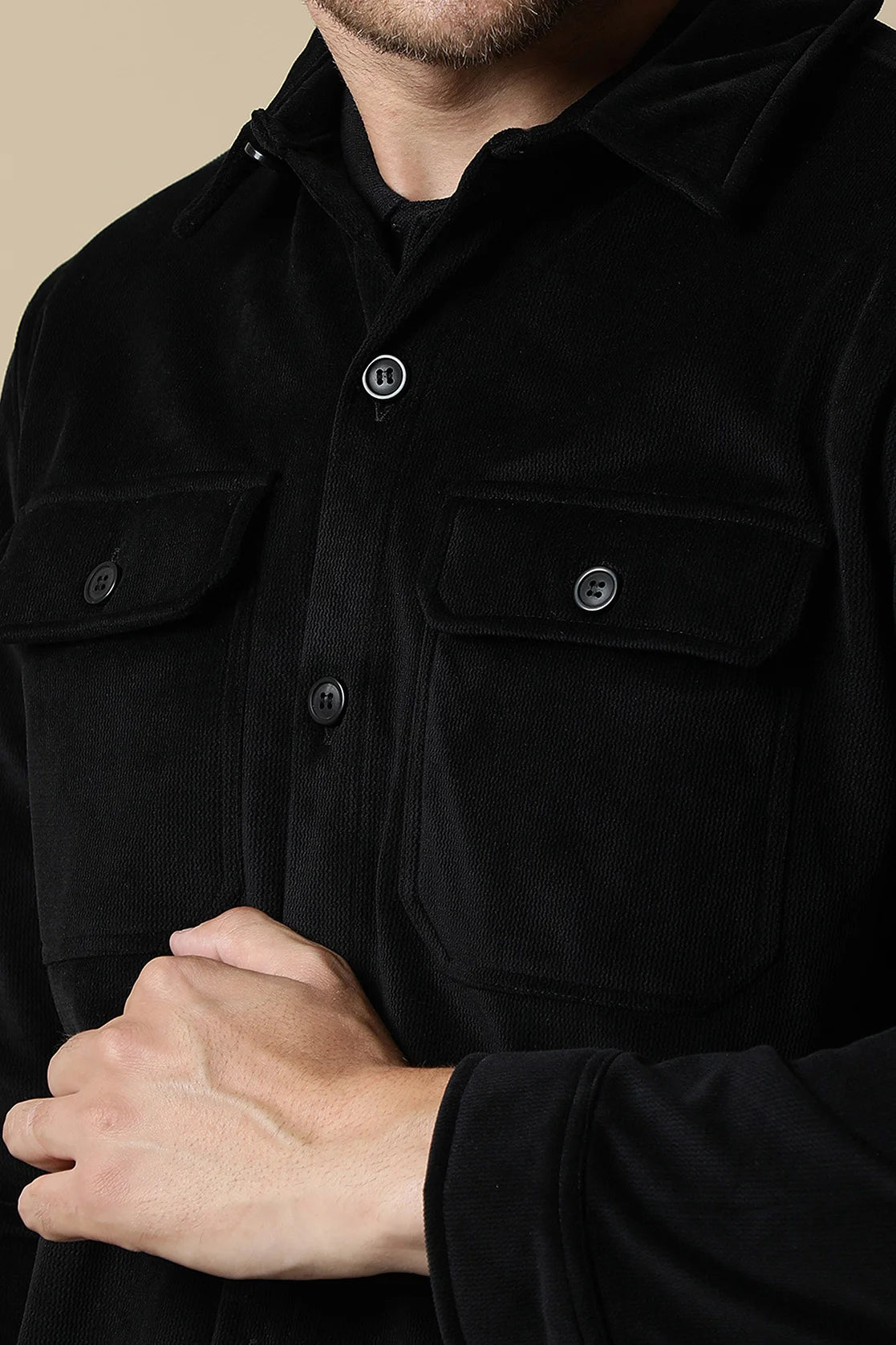 Elevate your wardrobe with the Fort Collins Men's Black Corduroy Shacket featuring dual chest pockets. Purchase this stylish piece online from anywhere in India.