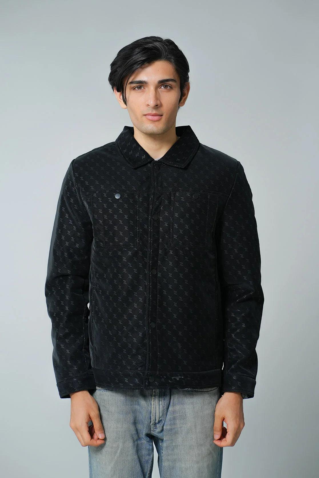 Discover the Fort Collins Men's Black Embossed Pattern Shacket, now available online in India with a convenient snap button closure.