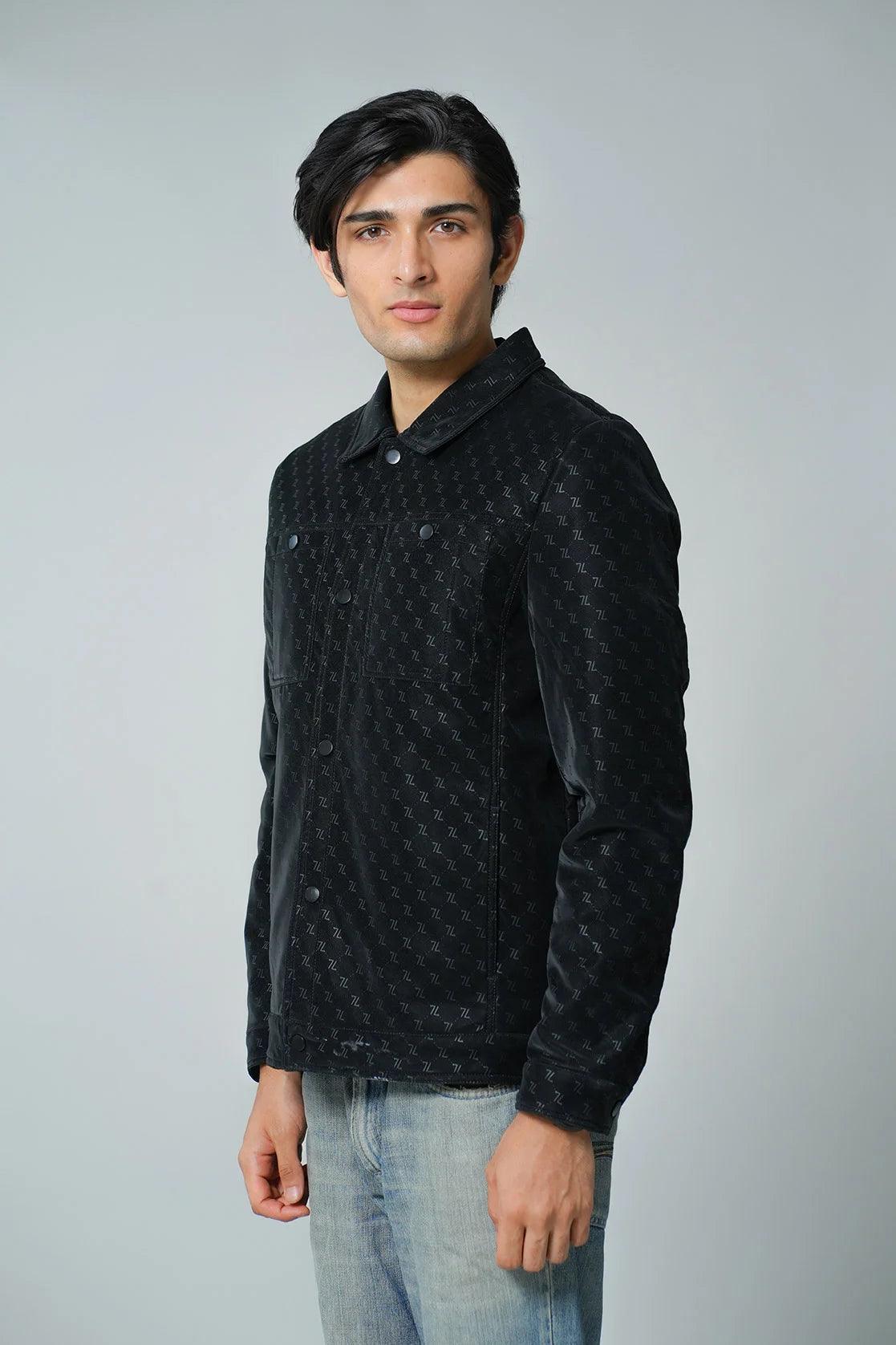 The Men's Black Embossed Pattern Shacket with Snap Button Closure is available for purchase online in India from the brand Fort Collins.