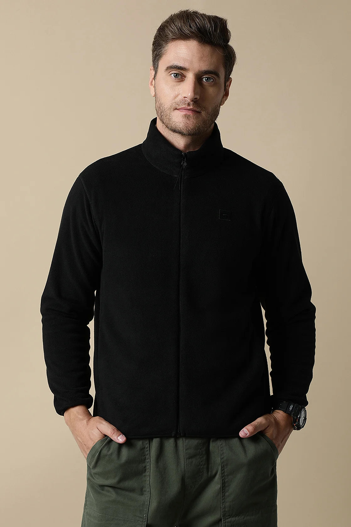 Upgrade your wardrobe with the Fort Collins Men's Black Full-Zip Fleece Sweatshirt, available for purchase online from anywhere in India. This trendy and stylish sweatshirt is the perfect addition to any fashion-forward individual's collection. Don't miss out - shop now while supplies last!