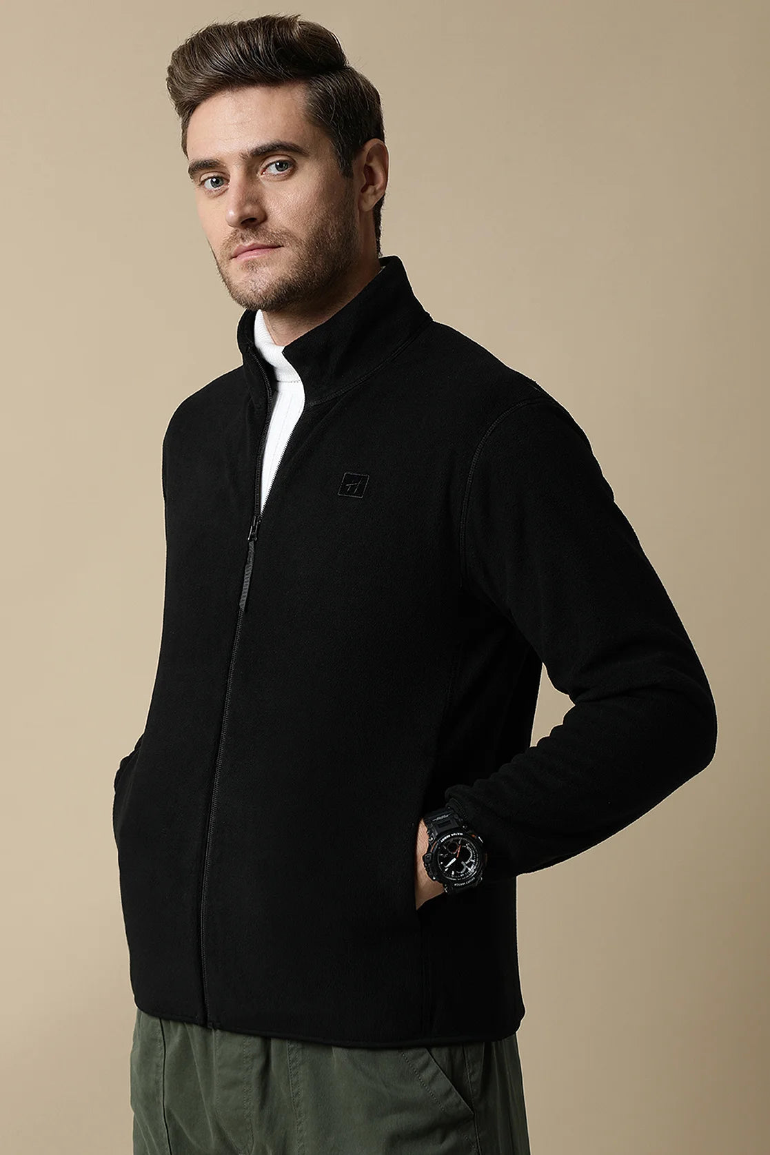 Elevate your wardrobe with Fort Collins' Men's Black Full-Zip Fleece Sweatshirt, available for online purchase from anywhere in India. Stay warm and stylish in this must-have addition to any fashion-forward man's closet.