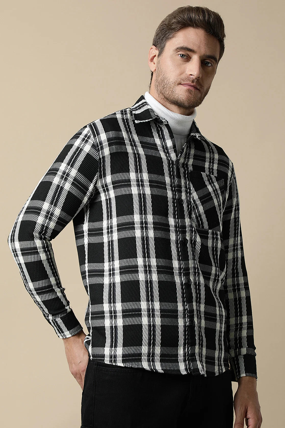 Purchase this stylish Men's Black Knitted Plaid Shacket from Fort Collins and elevate your wardrobe with ease, available for online purchase throughout India.