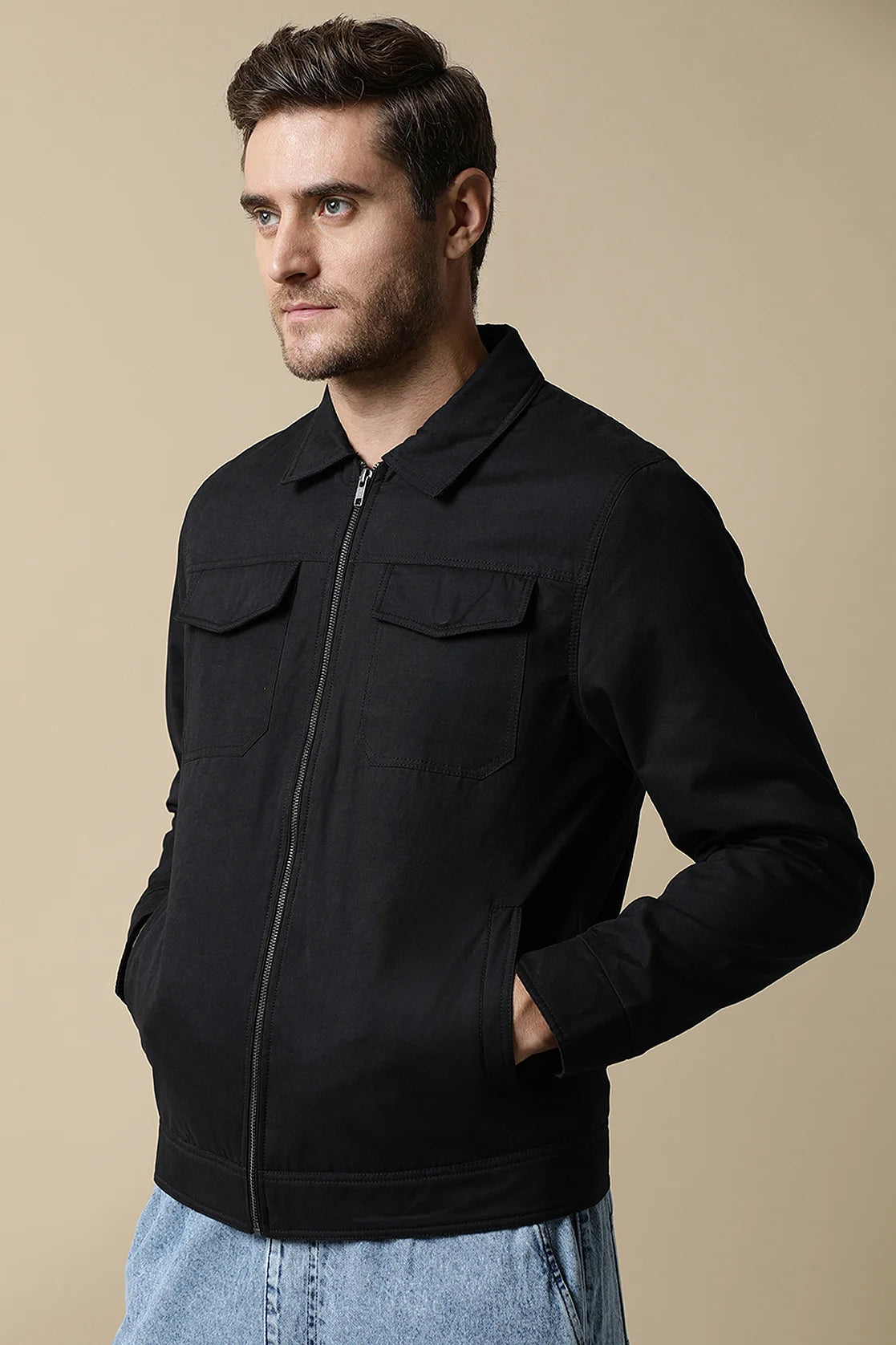 Discover a sleek and stylish upgrade for your wardrobe with the Fort Collins Men's Black Lightweight Jacket. Featuring dual chest pockets, this jacket is perfect for any occasion, and can be easily purchased online from anywhere in India.