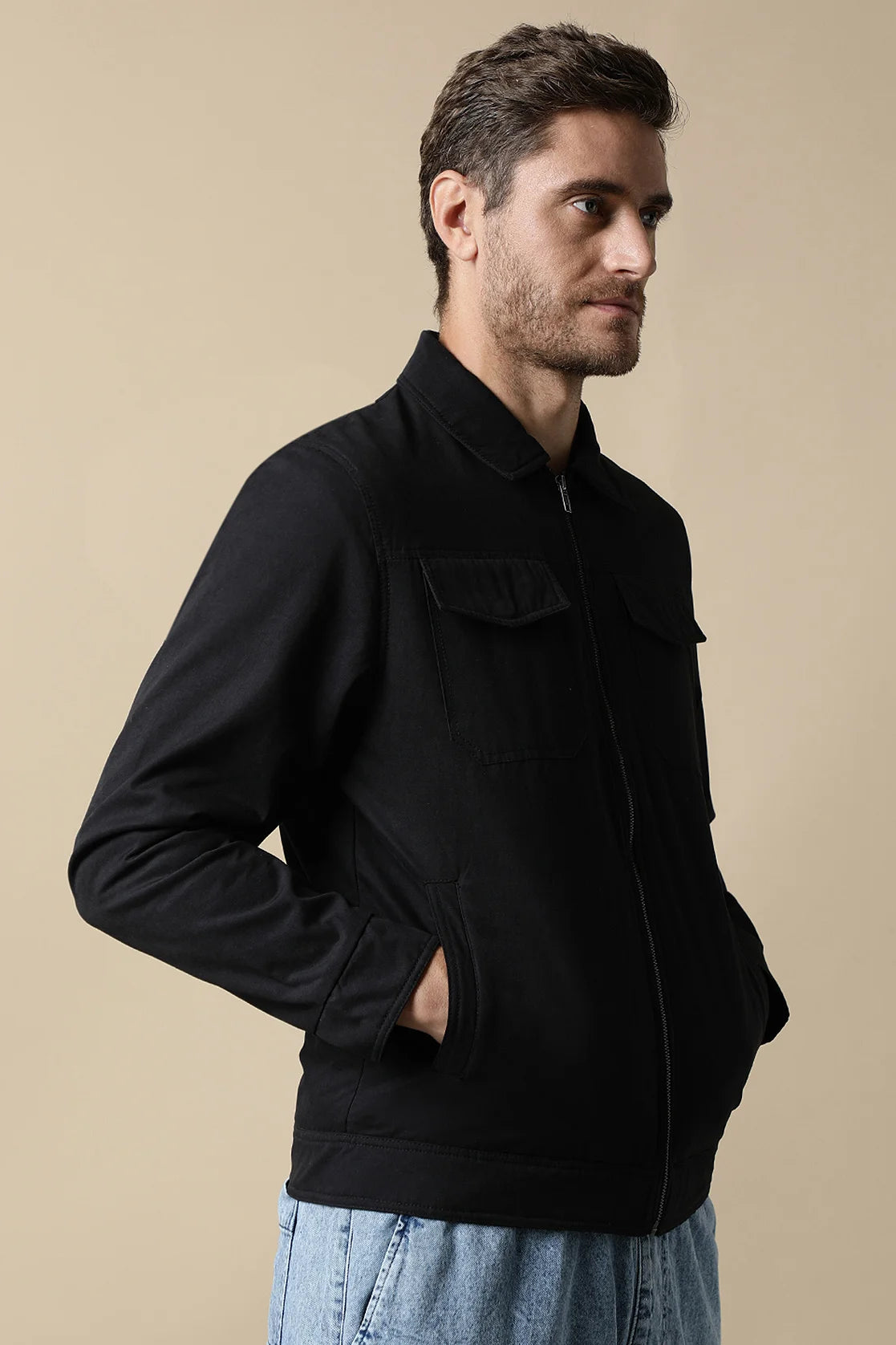 Shop online now for a stylish wardrobe upgrade from Fort Collins, India's trusted brand for men's black lightweight jackets featuring dual chest pockets.