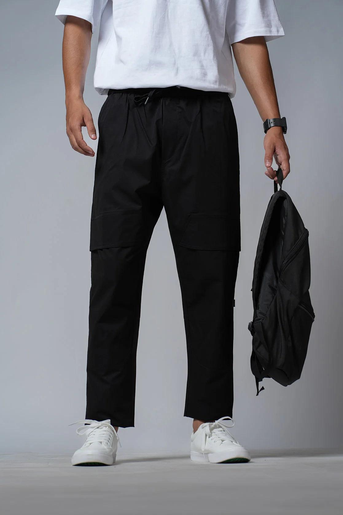 The Men's Black Poly Twill Cargo Track Pant with Zipper Pockets by Fort Collins is available for purchase online in India.