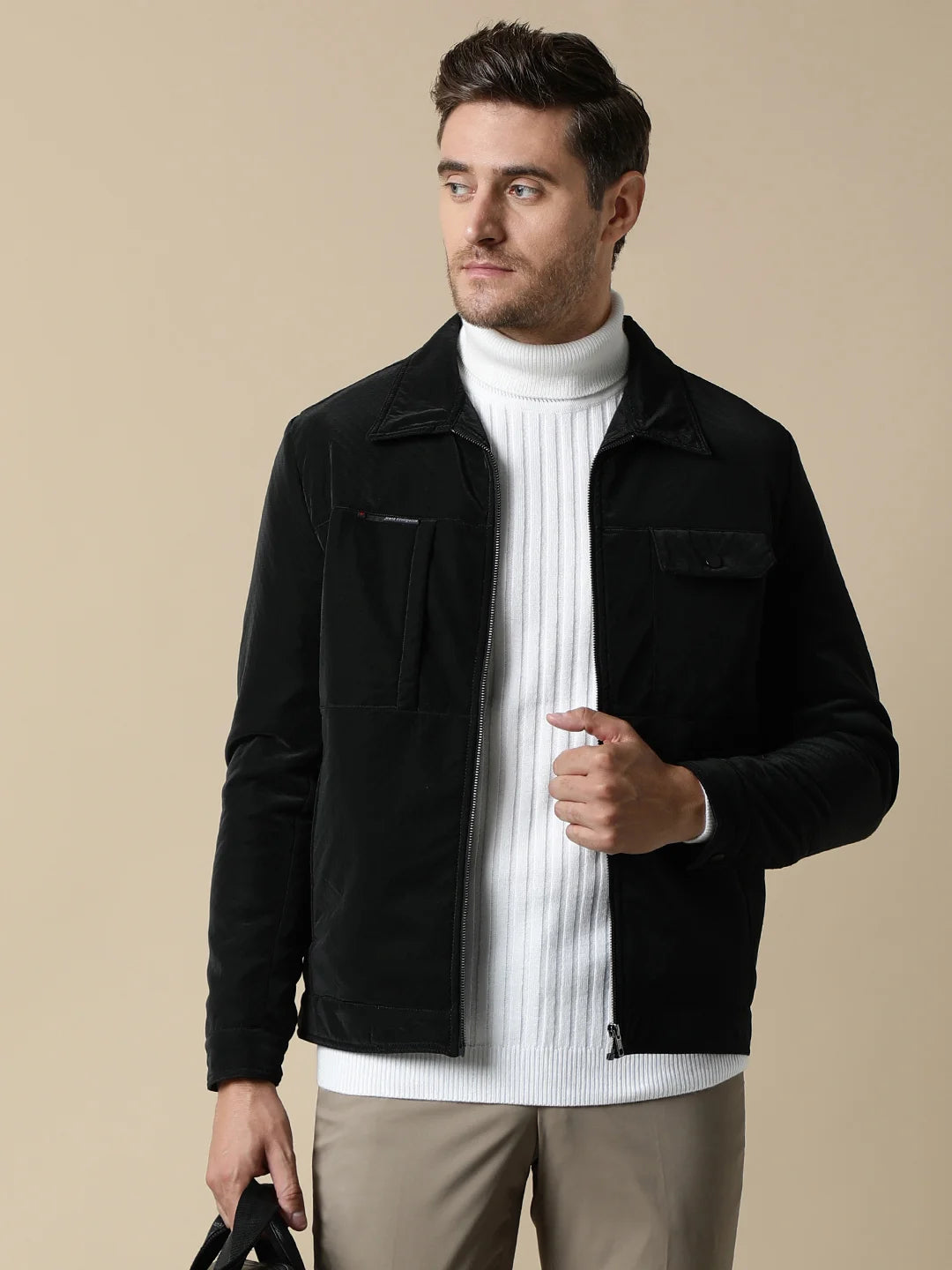 Shop now for a fashionable wardrobe from anywhere in India with Men's Black PU Coated Jacket featuring Classic Front Zip by Fort Collins.