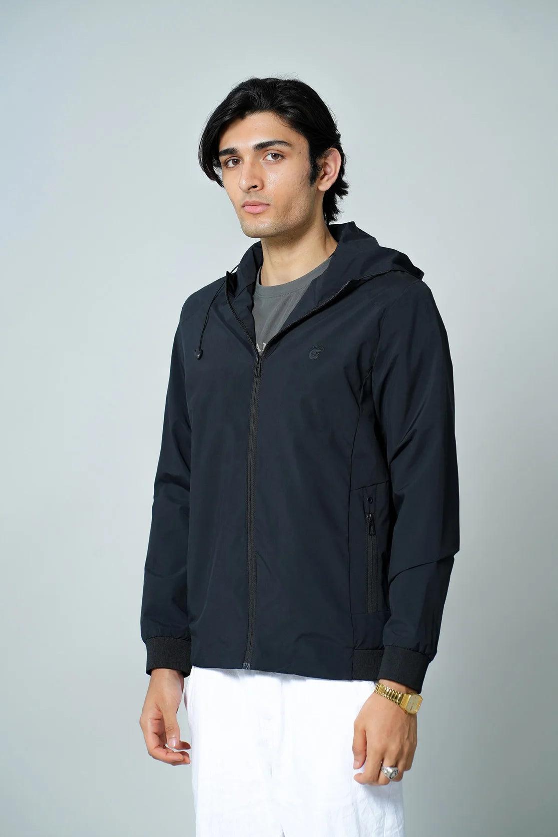 Order the Fort Collins Men's Black Slim Fit Windbreaker with Adjustable Hood online from India.