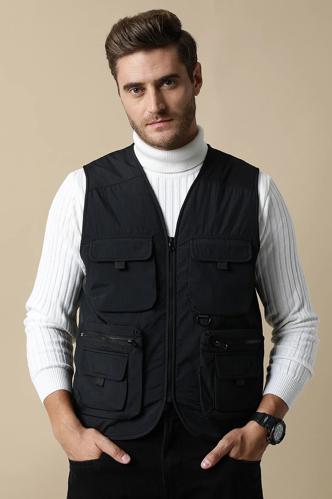 Shop online from anywhere in India for the Fort Collins Men’s Black Tactical Utility Vest Jacket, the perfect trendy wardrobe upgrade for any stylish man.