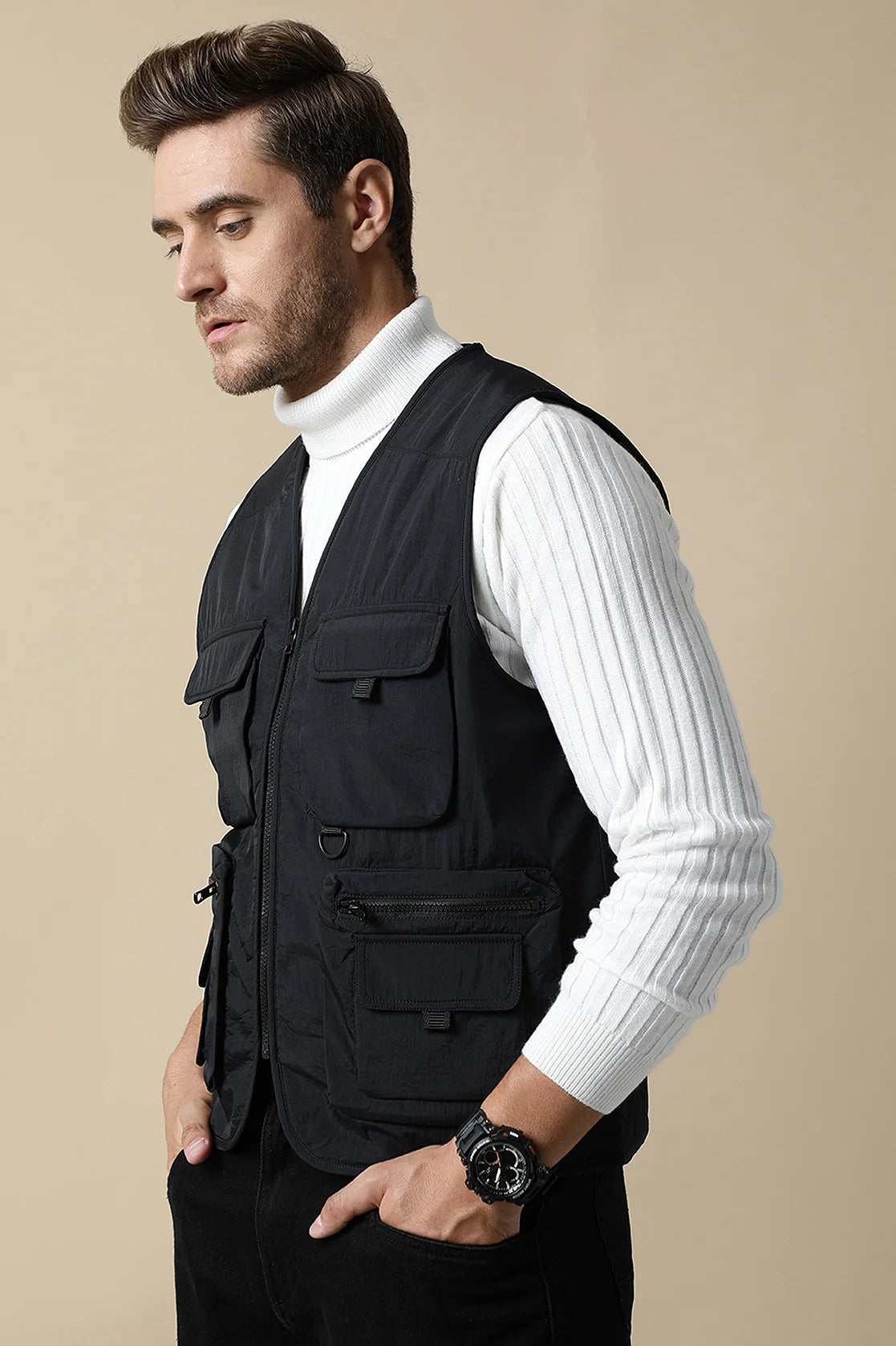 Experience a professional upgrade to your wardrobe with the Men’s Black Tactical Utility Vest Jacket by Fort Collins. Shop online now for this trendy addition to your look, available anywhere in India.