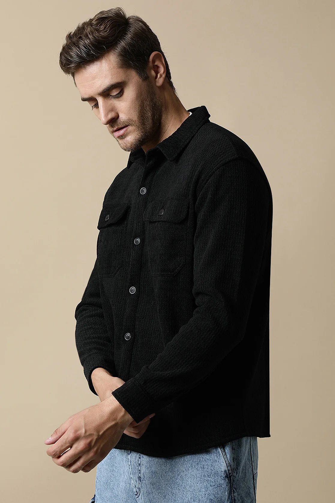 Upgrade your wardrobe with Fort Collins' Men's Black Textured Shacket, featuring dual chest pockets. Shop online now for a trendy addition to your collection, available in India.