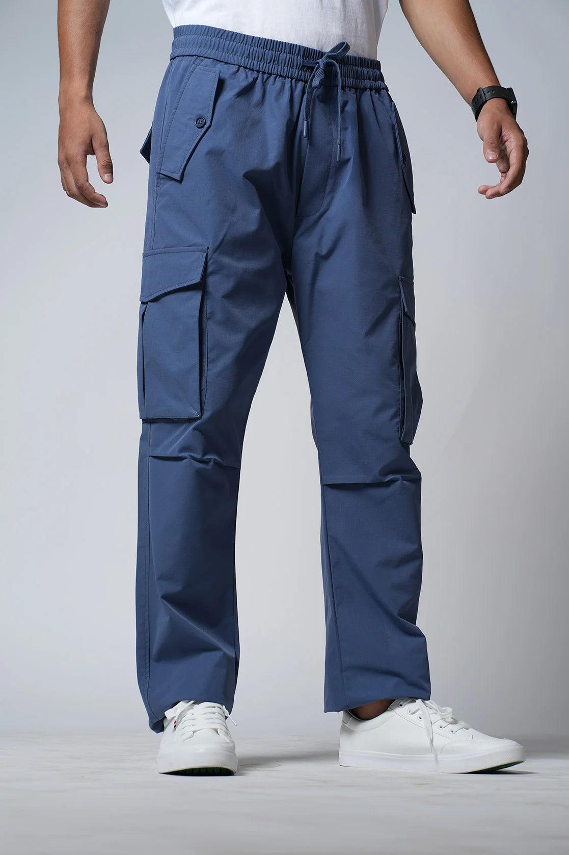 Men's Blue Relaxed Fit Ripstop Cargo Track Pant with Multi Pockets