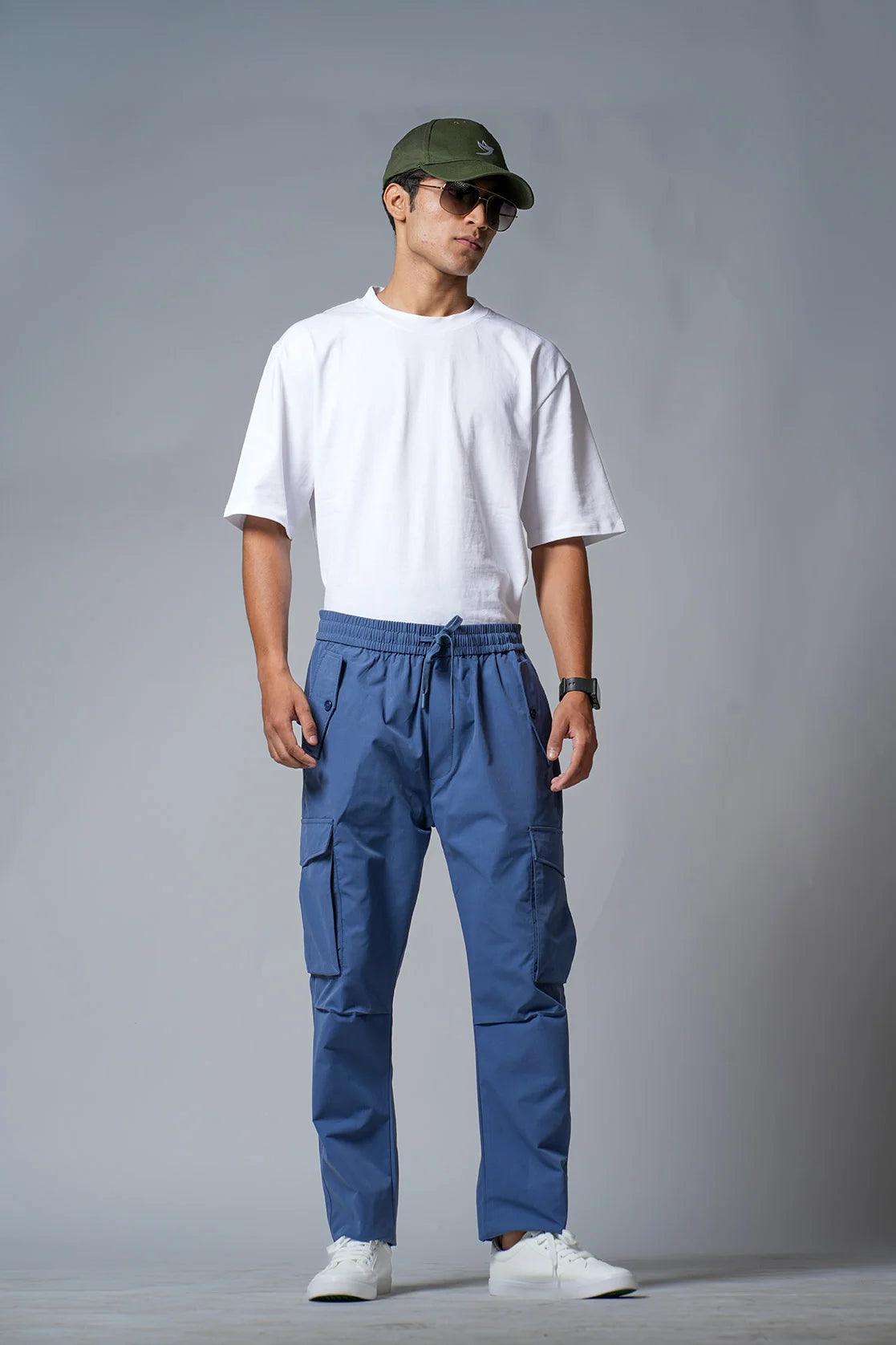 Men's Blue Relaxed Fit Ripstop Cargo Track Pant with Multi Pockets