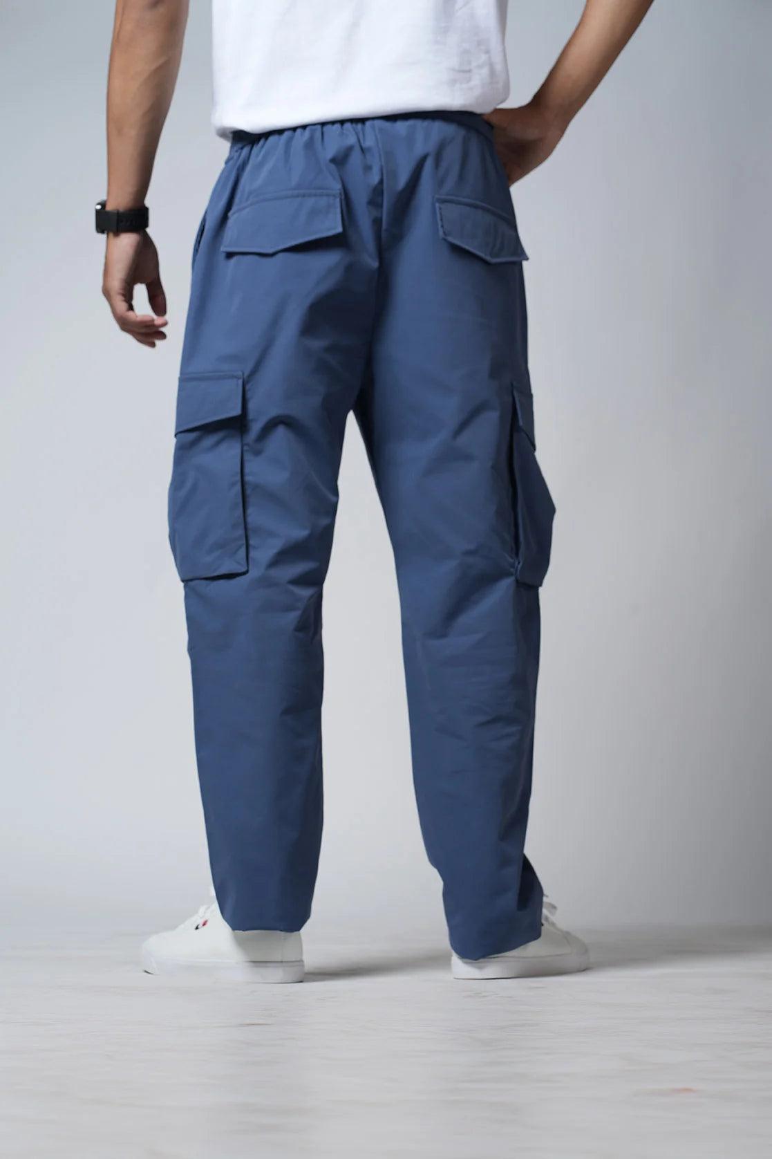 Men's Blue Relaxed Fit Ripstop Cargo Track Pant with Multi Pockets