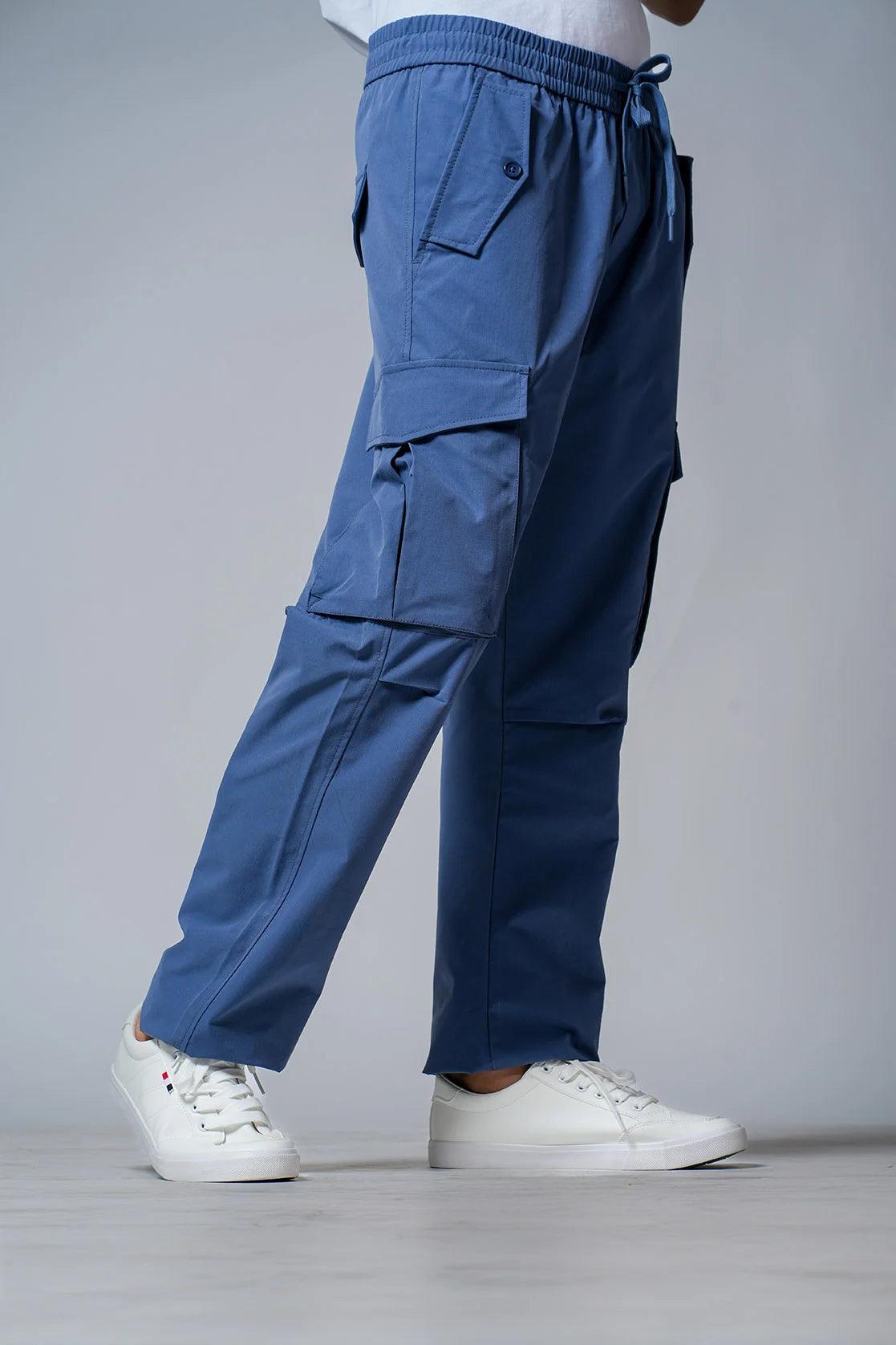 Men's Blue Relaxed Fit Ripstop Cargo Track Pant with Multi Pockets